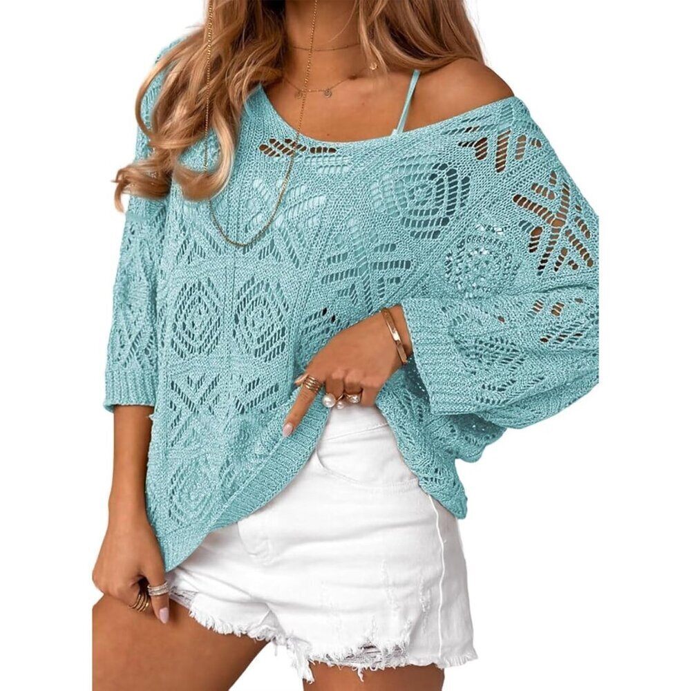 Women's Crocheted Off Shoulder Sweater 3/4 Sleeve Beach Cover Up Lightweight